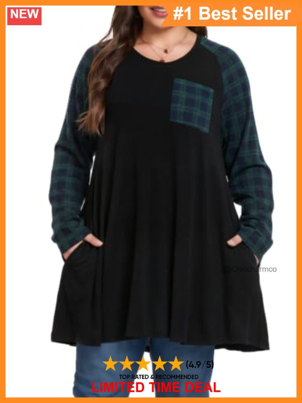 Plus Size Color Block Tunic Top Long Sleeve Pocket Flowy Blouse